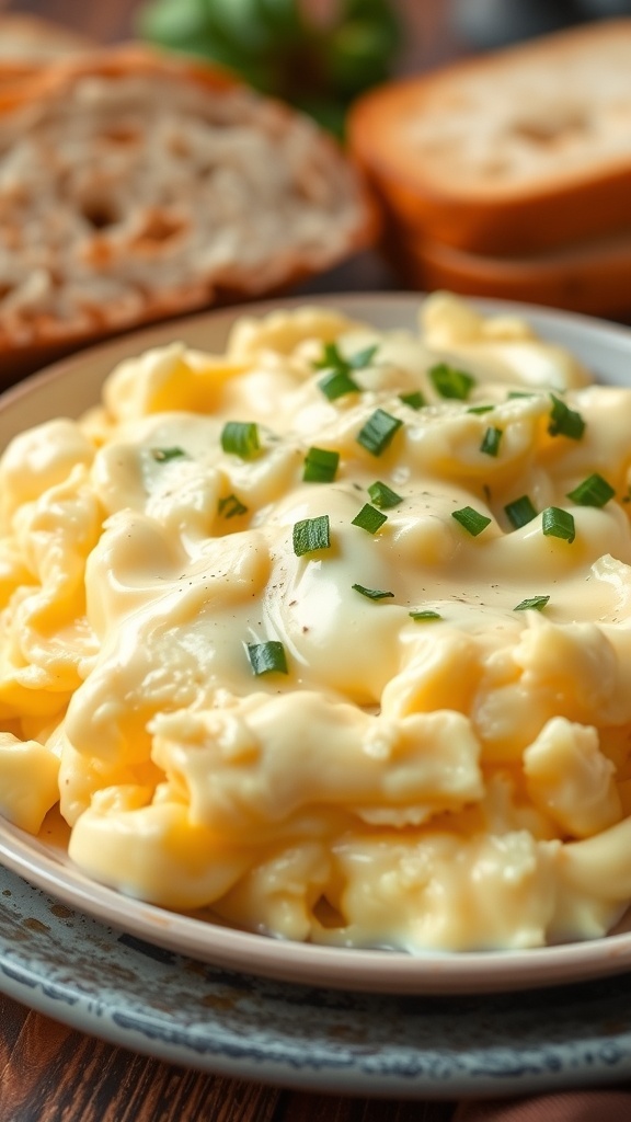 Fluffy scrambled eggs on a plate with herbs and toast.